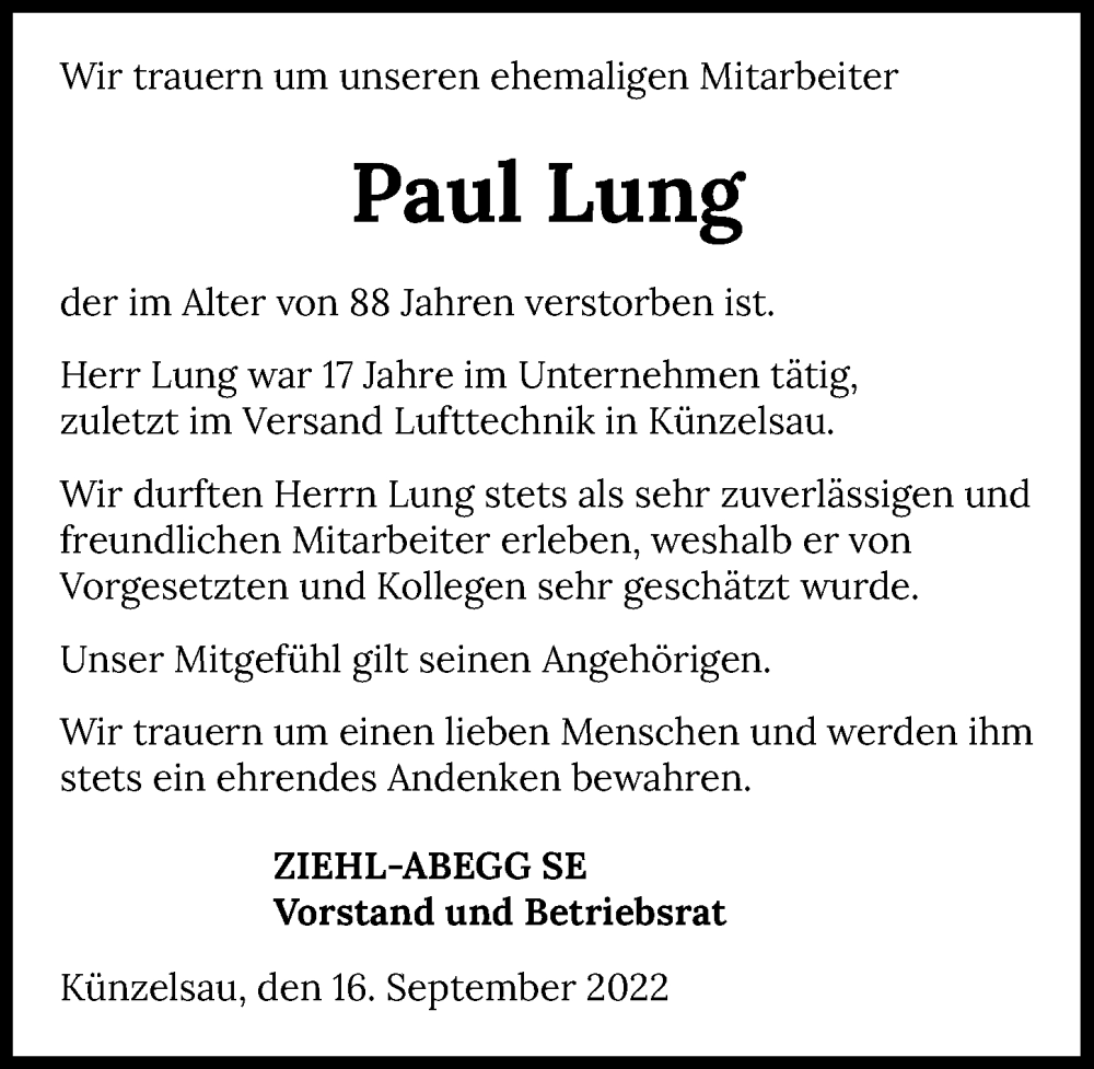  Traueranzeige für Paul Lung vom 16.09.2022 aus GESAMT