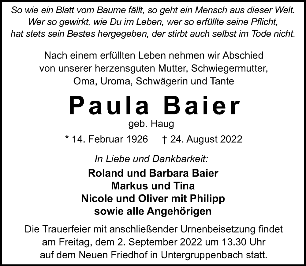  Traueranzeige für Paula Baier vom 31.08.2022 aus GESAMT