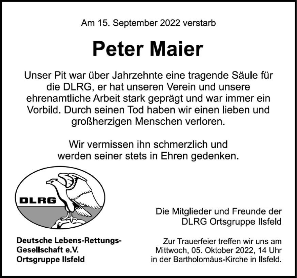  Traueranzeige für Peter Maier vom 27.09.2022 aus GESAMT