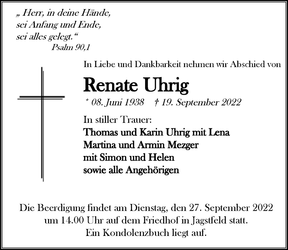  Traueranzeige für Renate Uhrig vom 24.09.2022 aus GESAMT