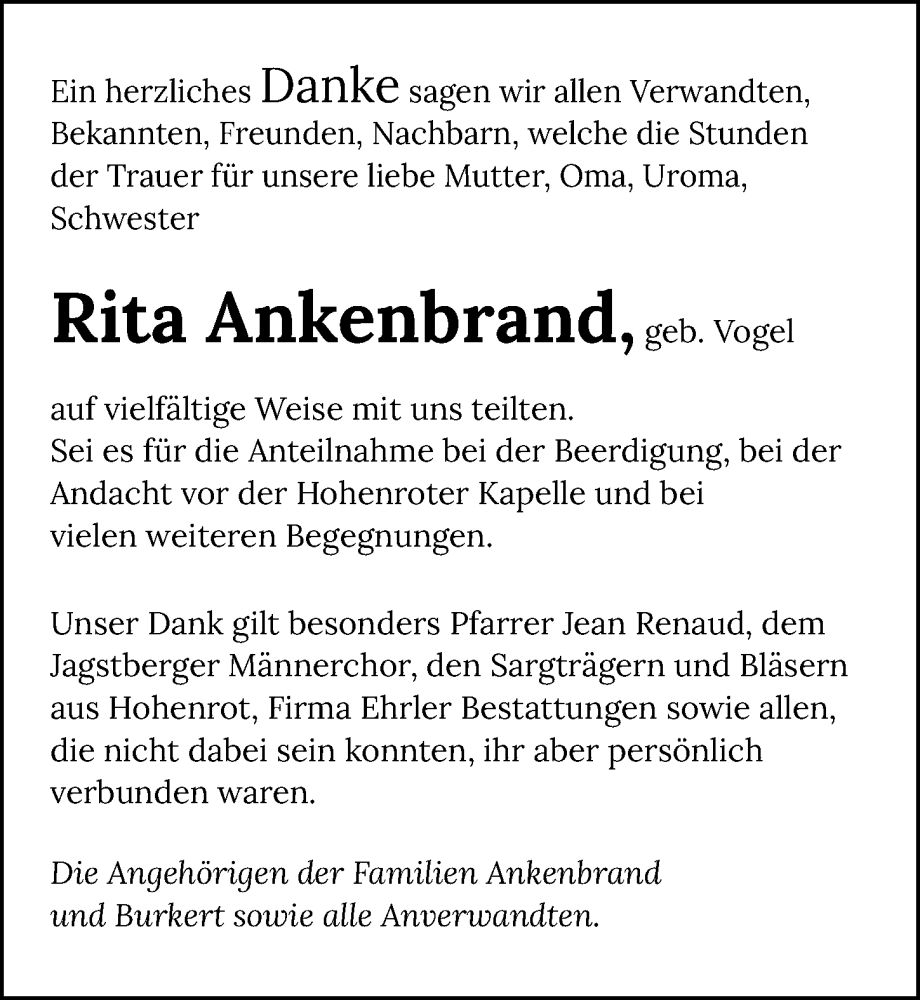  Traueranzeige für Rita Ankenbrand vom 03.09.2022 aus GESAMT