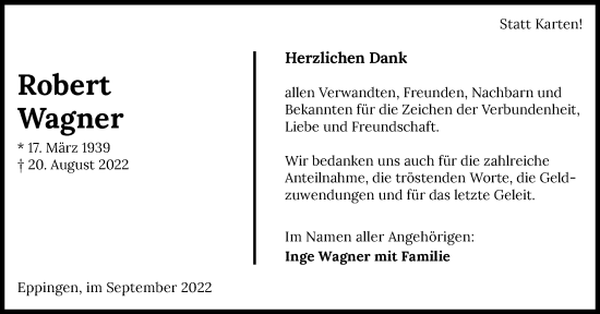 Traueranzeige von Robert Wagner von GESAMT