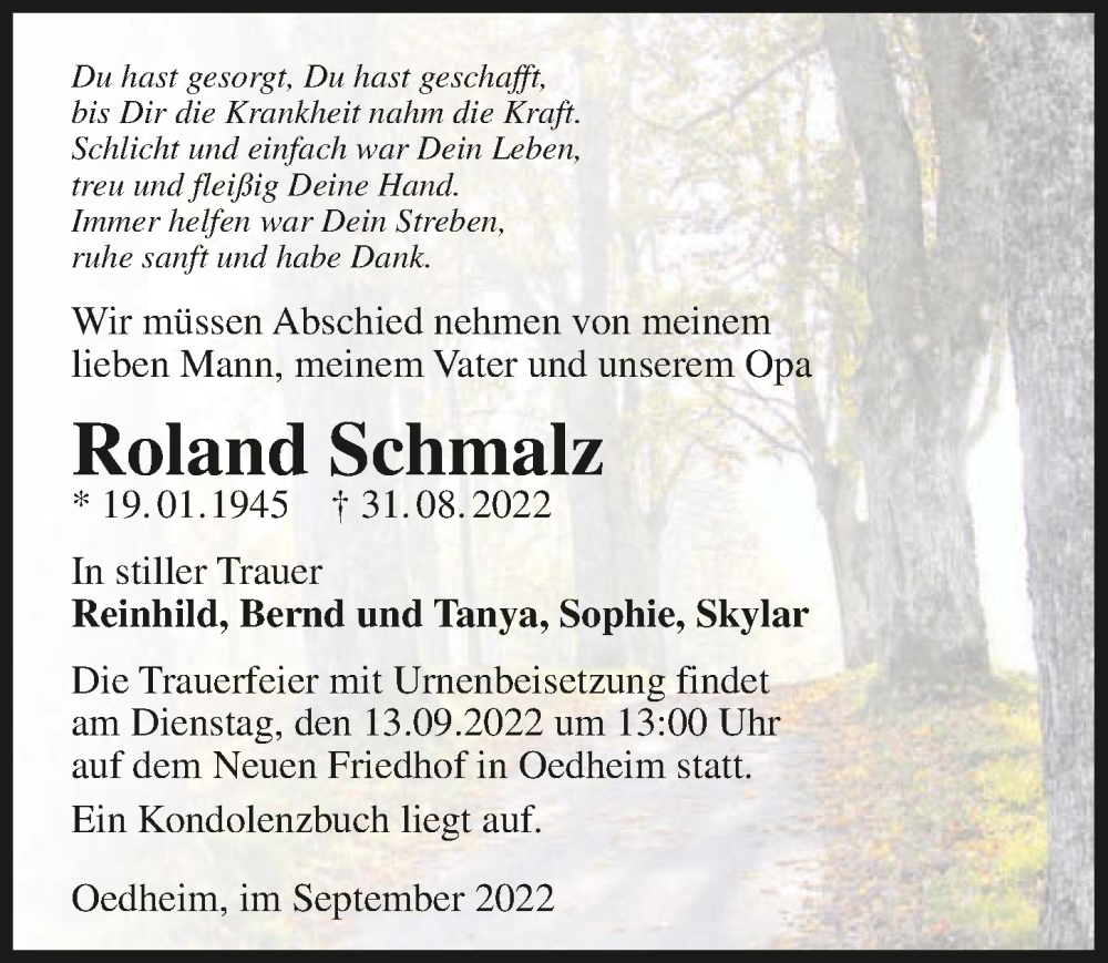  Traueranzeige für Roland Schmalz vom 10.09.2022 aus GESAMT