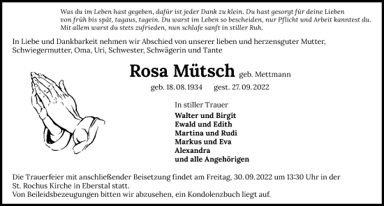 Traueranzeige von Rosa Mütsch von GESAMT