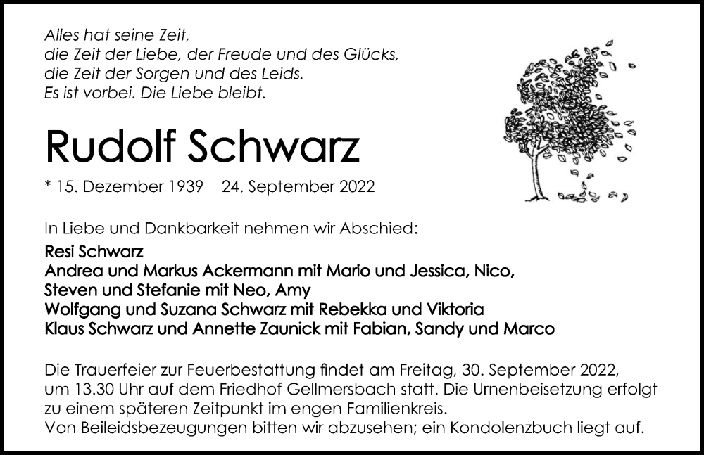  Traueranzeige für Rudolf Schwarz vom 27.09.2022 aus GESAMT