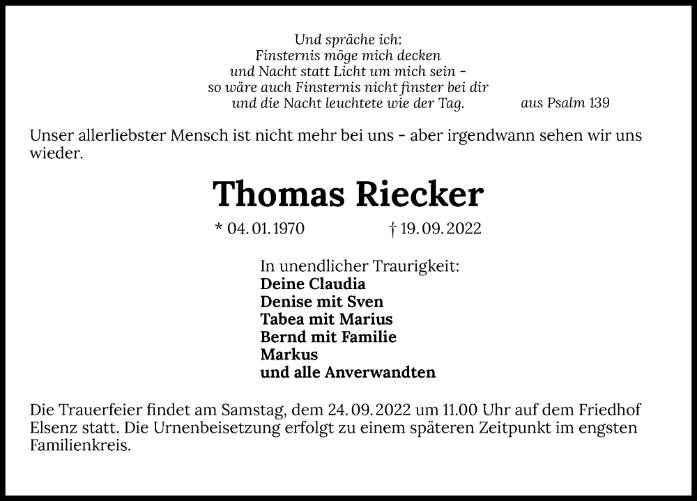  Traueranzeige für Thomas Riecker vom 21.09.2022 aus GESAMT