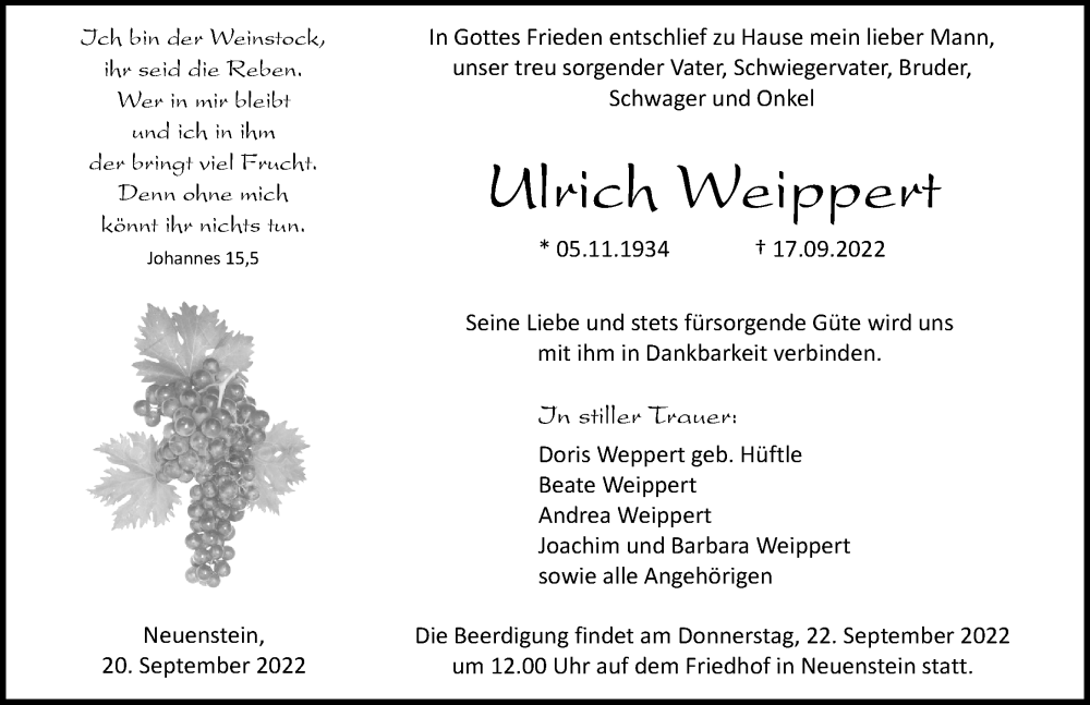  Traueranzeige für Ulrich Weippert vom 20.09.2022 aus GESAMT