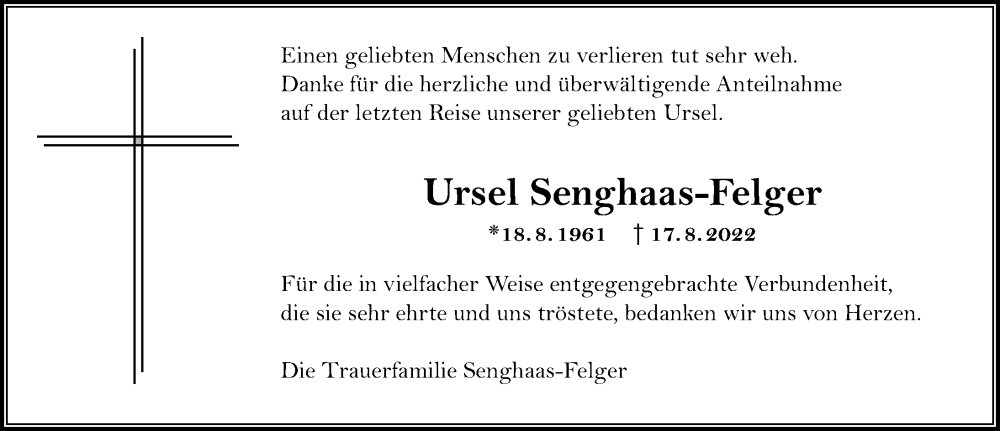  Traueranzeige für Ursel Senghaas-Felger vom 09.09.2022 aus GESAMT