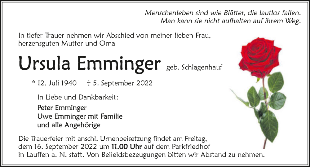  Traueranzeige für Ursula Emminger vom 10.09.2022 aus GESAMT