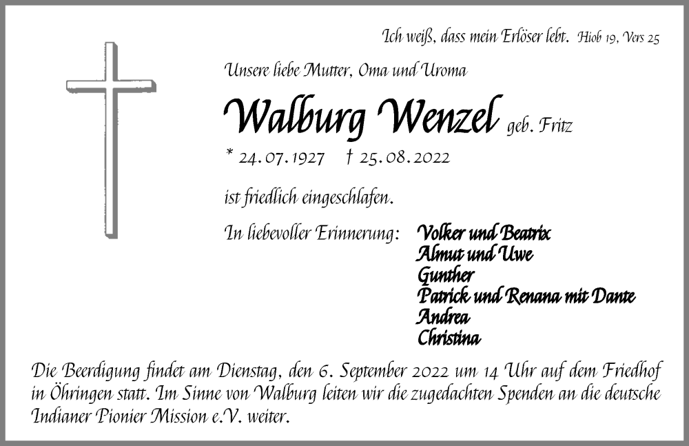  Traueranzeige für Walburg Wenzel vom 03.09.2022 aus GESAMT