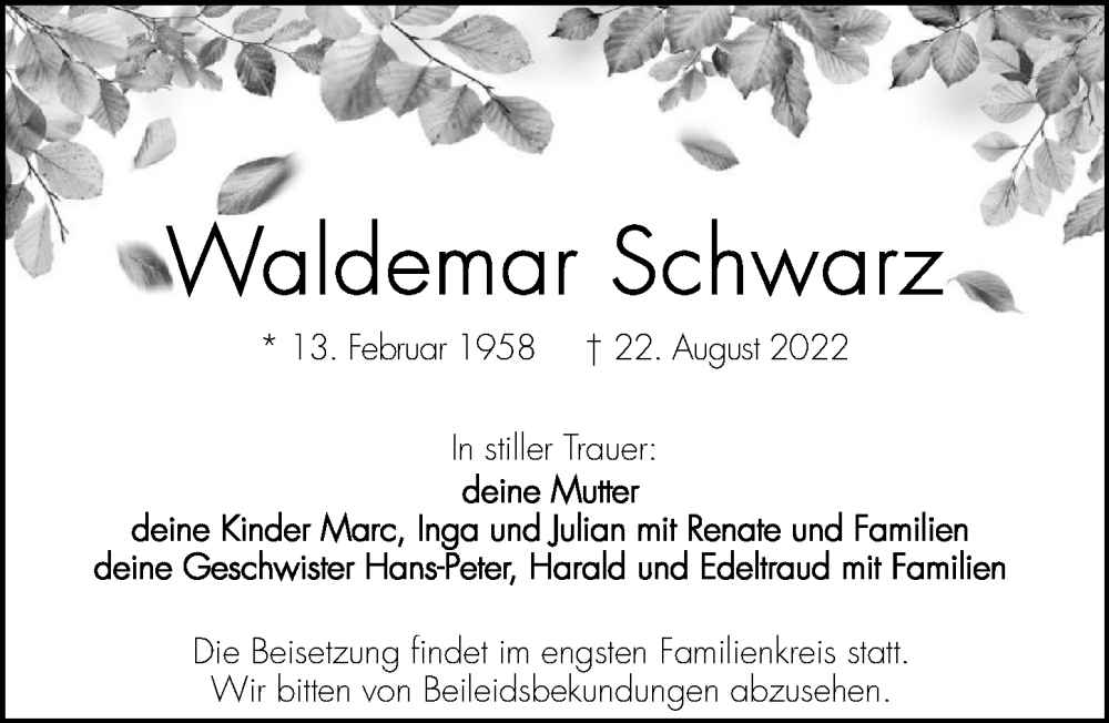  Traueranzeige für Waldemar Schwarz vom 03.09.2022 aus GESAMT