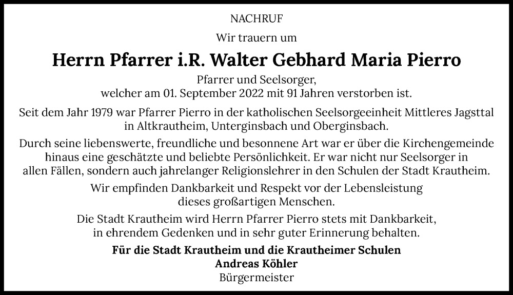  Traueranzeige für Walter Gebhard Maria Pierro vom 08.09.2022 aus GESAMT