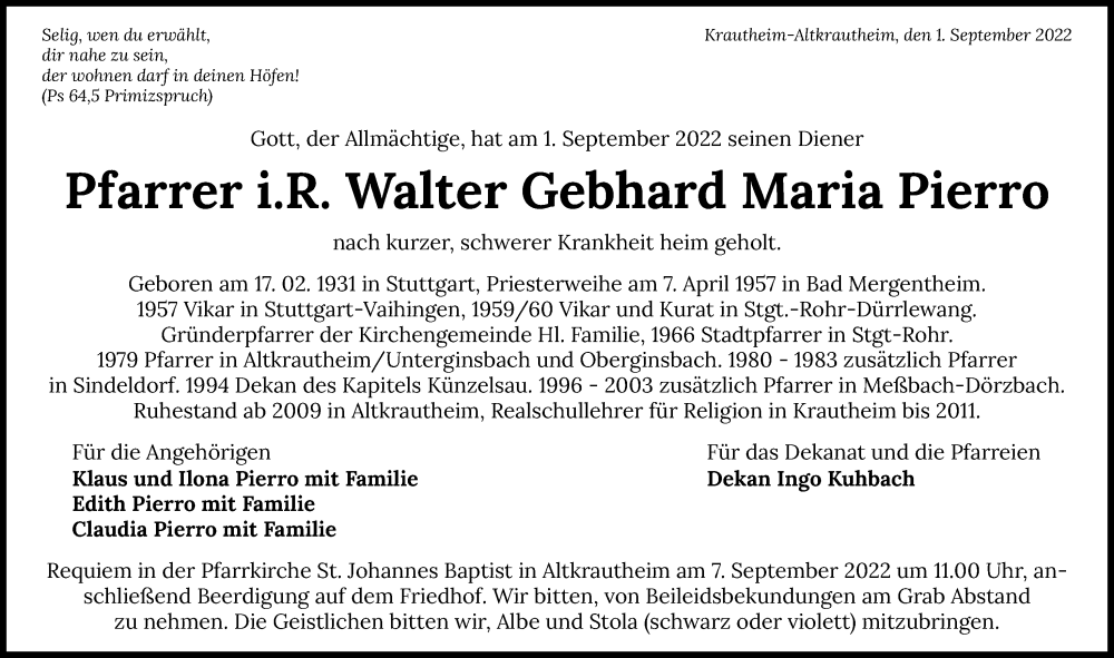  Traueranzeige für Walter Gebhard Maria Pierro vom 05.09.2022 aus GESAMT
