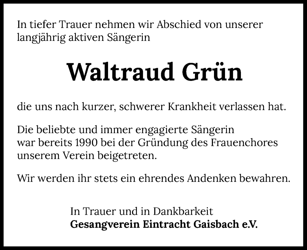  Traueranzeige für Waltraud Grün vom 10.09.2022 aus GESAMT