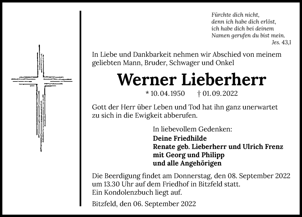  Traueranzeige für Werner Lieberherr vom 06.09.2022 aus GESAMT