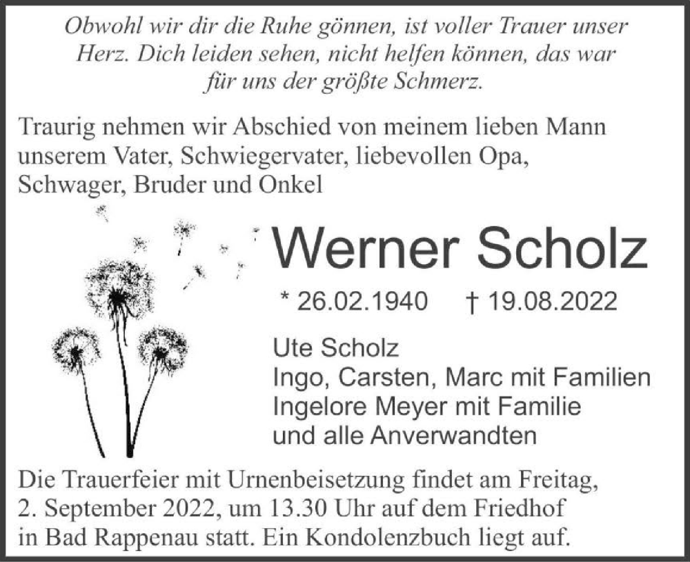  Traueranzeige für Werner Scholz vom 31.08.2022 aus GESAMT