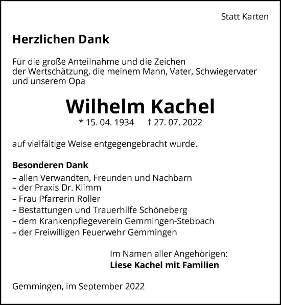 Traueranzeige von Wilhelm Kachel von GESAMT