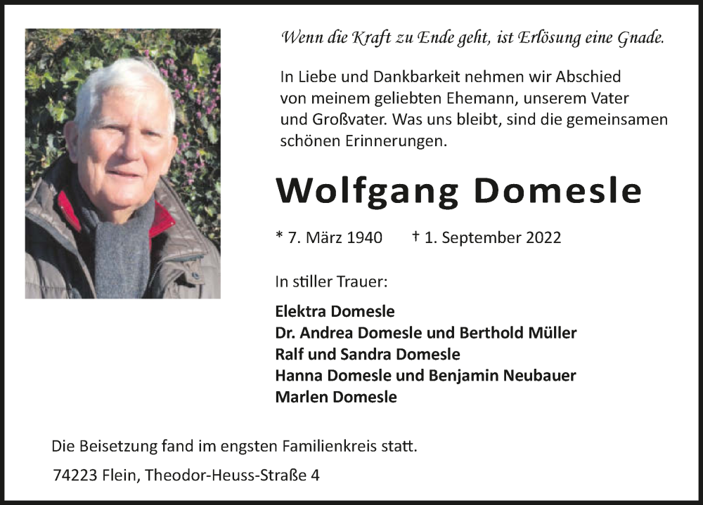  Traueranzeige für Wolfgang Domesle vom 10.09.2022 aus GESAMT