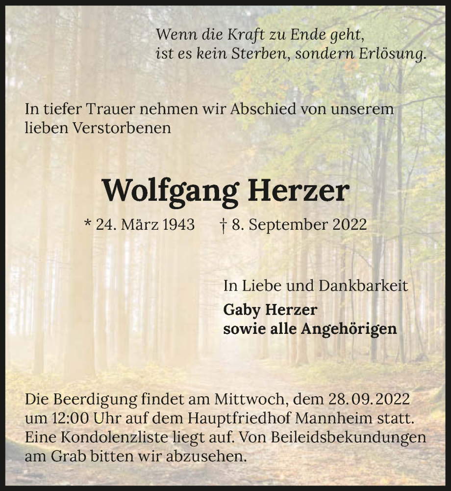  Traueranzeige für Wolfgang Herzer vom 24.09.2022 aus GESAMT