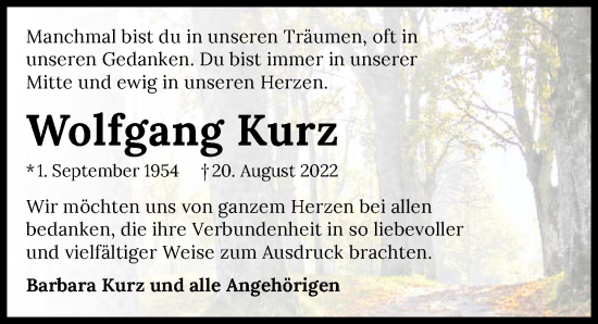 Traueranzeige von Wolfgang Kurz von GESAMT