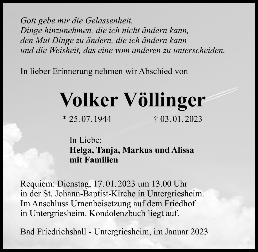  Traueranzeige für Volker Völlinger vom 14.01.2023 aus GESAMT