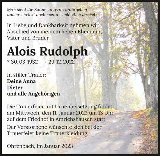 Traueranzeige von Alois Rudolph von GESAMT