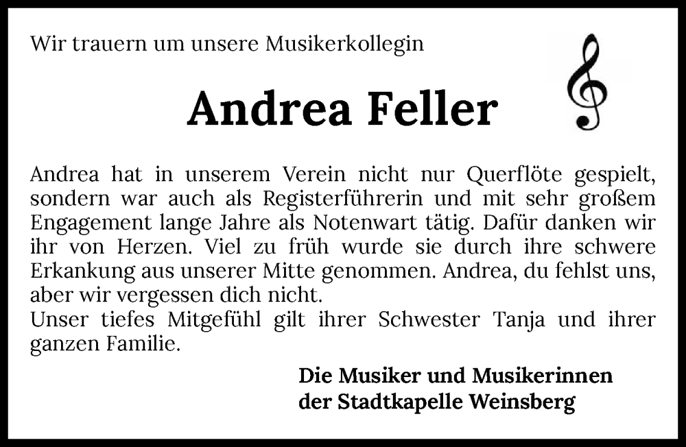  Traueranzeige für Andrea Feller vom 10.01.2023 aus GESAMT
