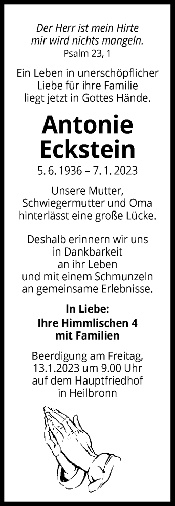  Traueranzeige für Antonie Eckstein vom 10.01.2023 aus GESAMT