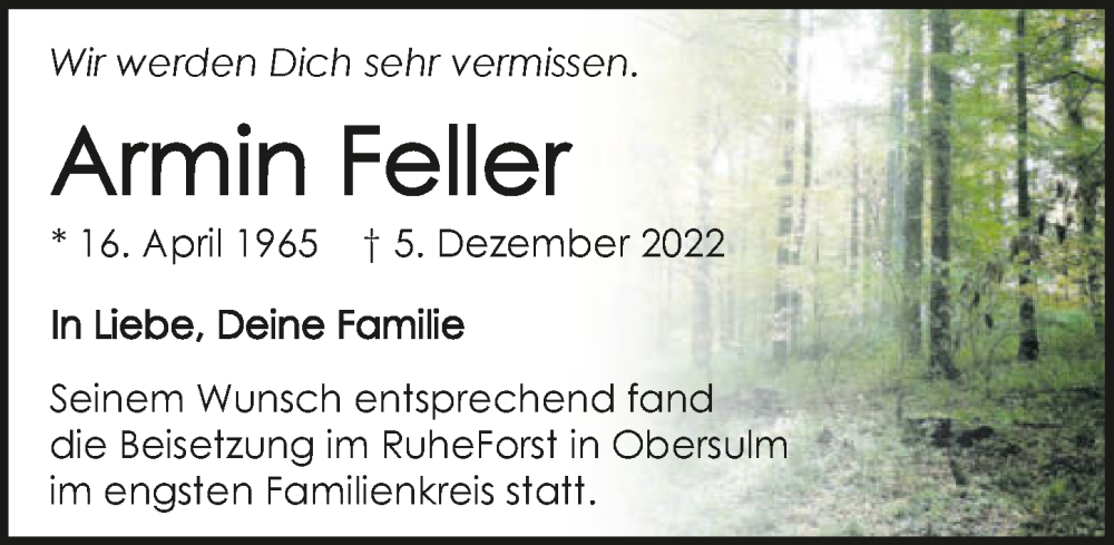  Traueranzeige für Armin Feller vom 14.01.2023 aus GESAMT