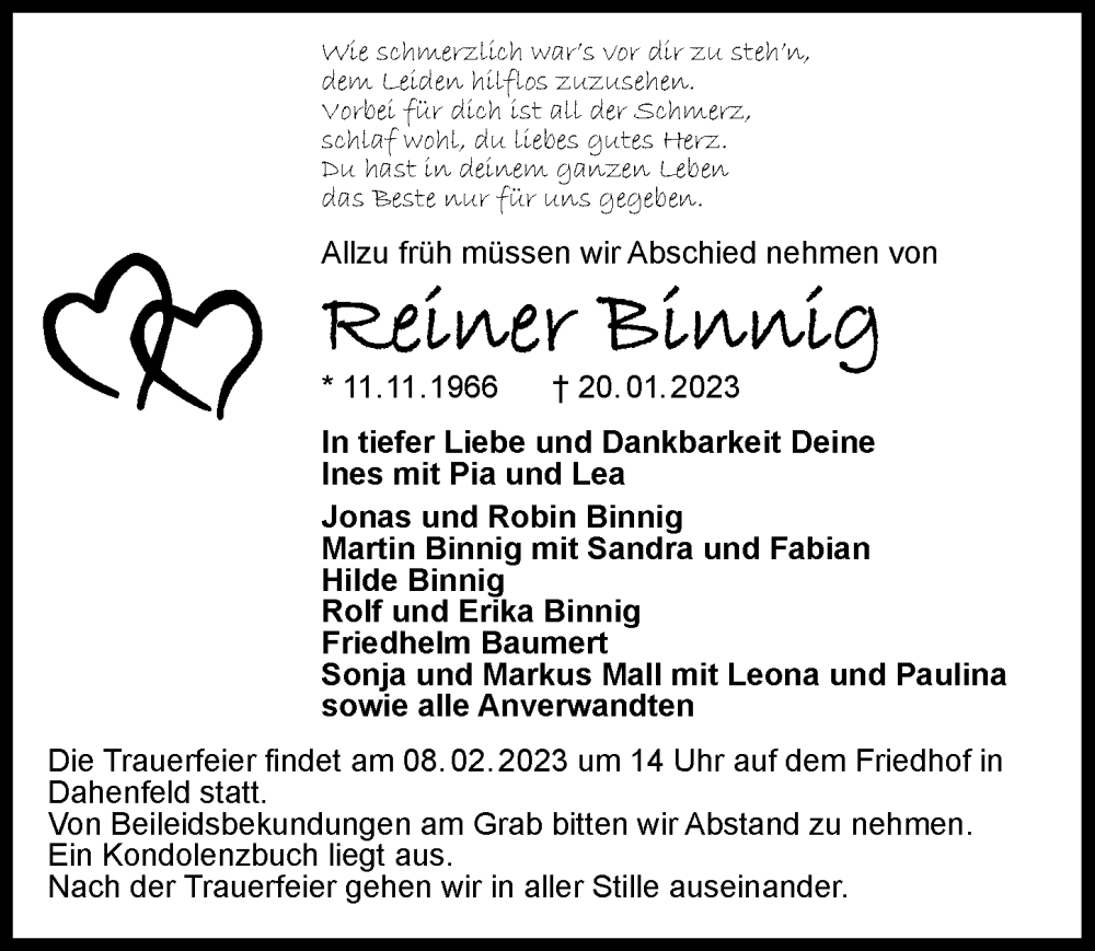  Traueranzeige für Reiner Binnig vom 28.01.2023 aus Gesamt