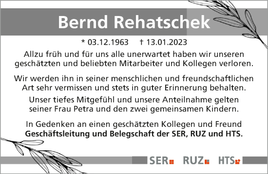 Traueranzeige von Bernd Rehatschek von GESAMT