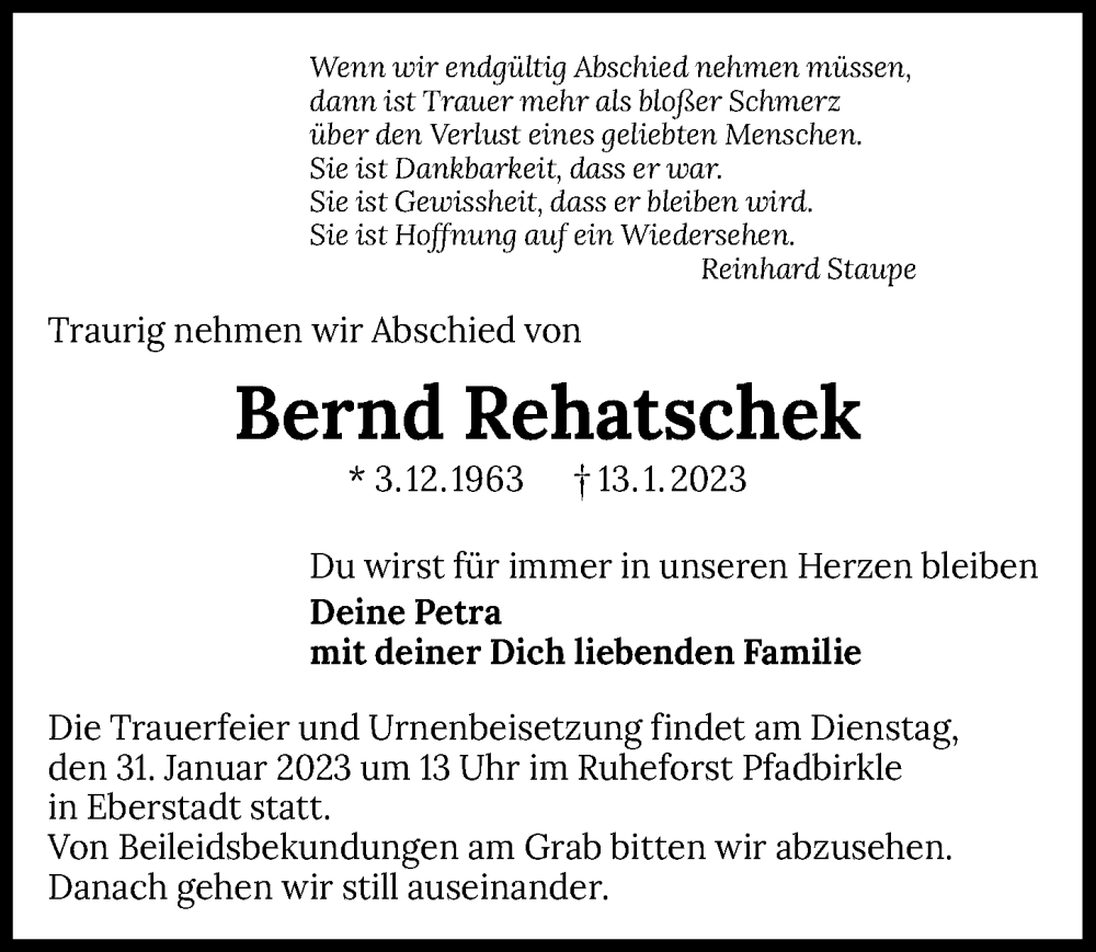  Traueranzeige für Bernd Rehatschek vom 26.01.2023 aus GESAMT