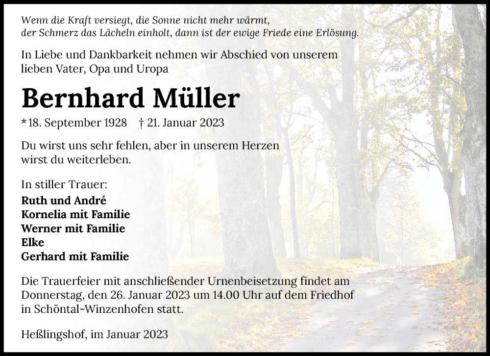  Traueranzeige für Bernhard Müller vom 24.01.2023 aus GESAMT