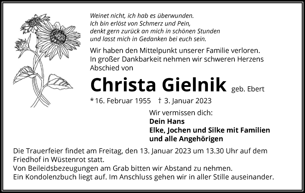  Traueranzeige für Christa Gielnik vom 10.01.2023 aus GESAMT