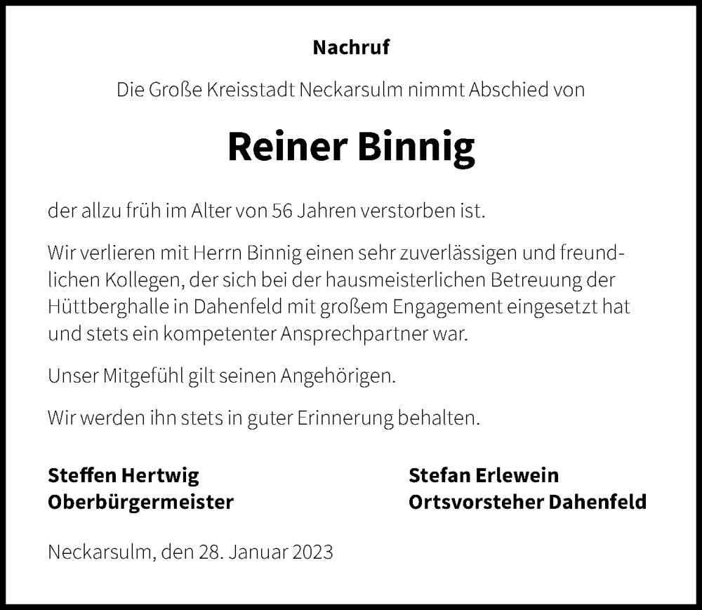  Traueranzeige für Reiner Binnig vom 28.01.2023 aus Gesamt