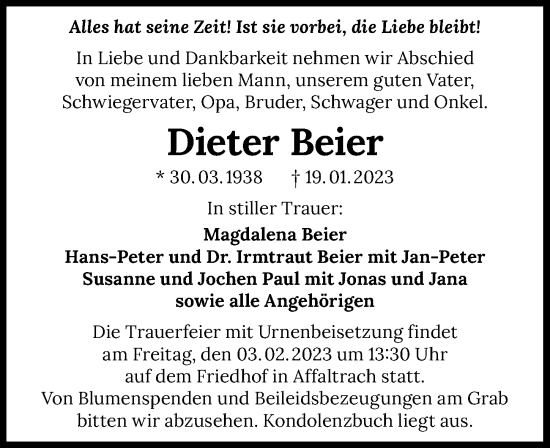 Traueranzeige von Dieter Beier von GESAMT