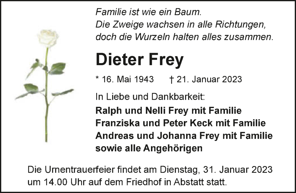  Traueranzeige für Dieter Frey vom 28.01.2023 aus GESAMT
