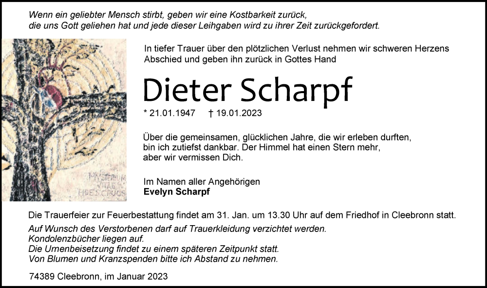  Traueranzeige für Dieter Scharpf vom 26.01.2023 aus GESAMT