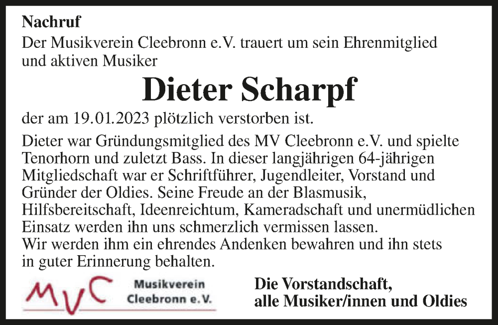  Traueranzeige für Dieter Scharpf vom 26.01.2023 aus GESAMT