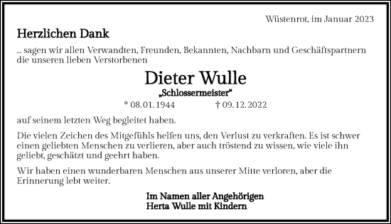 Traueranzeige von Dieter Wulle von GESAMT
