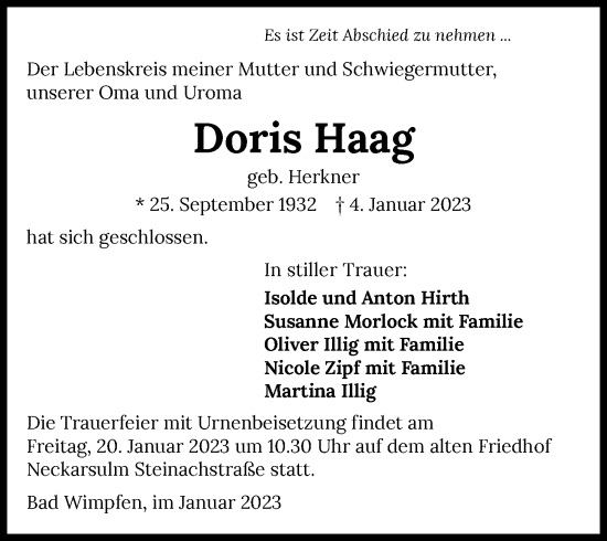 Traueranzeige von Doris Haag von GESAMT
