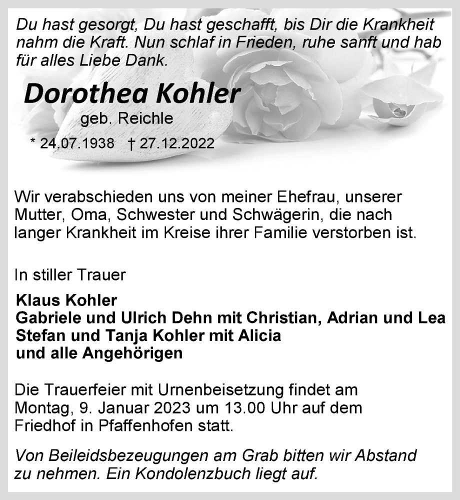  Traueranzeige für Dorothea Kohler vom 05.01.2023 aus GESAMT