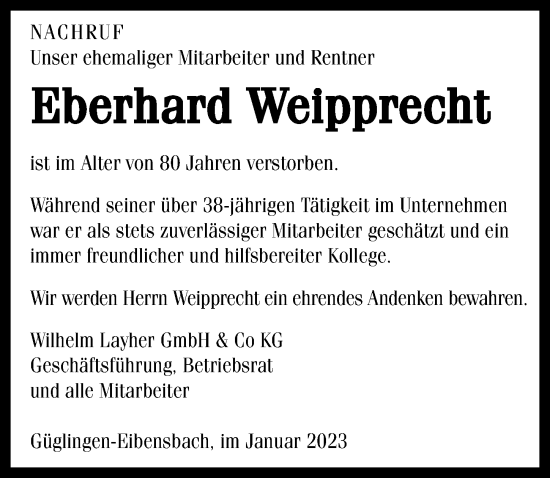 Traueranzeige von Eberhard Weipprecht von GESAMT