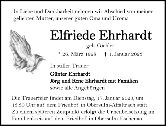 Traueranzeige von Elfriede Ehrhardt von GESAMT