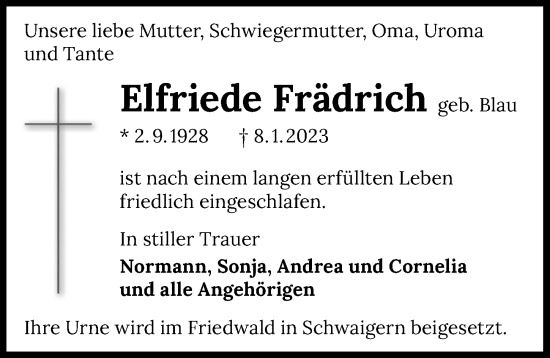 Traueranzeige von Elfriede Frädrich von GESAMT