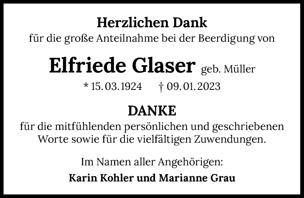  Traueranzeige für Elfriede Glaser vom 21.01.2023 aus GESAMT