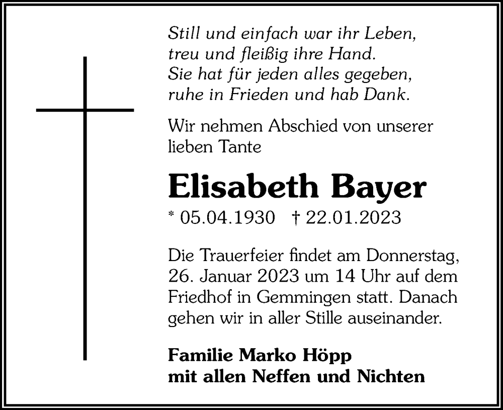  Traueranzeige für Elisabeth Bayer vom 25.01.2023 aus GESAMT