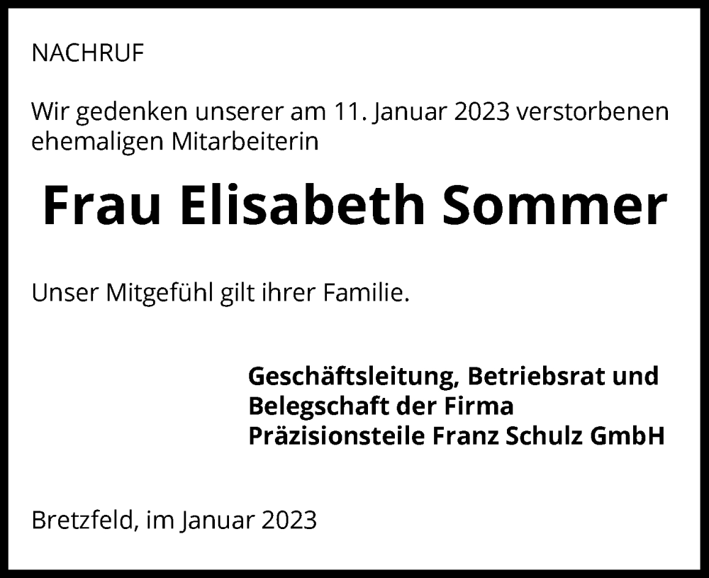 Traueranzeige für Elisabeth Sommer vom 25.01.2023 aus GESAMT