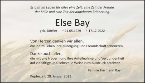 Traueranzeige von Else Bay von GESAMT