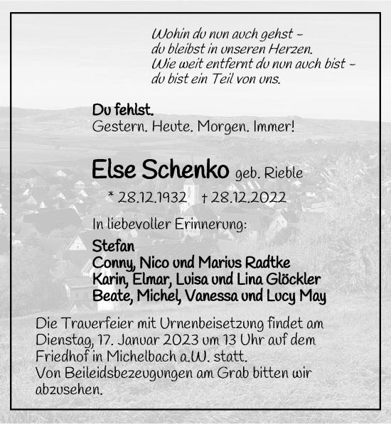 Traueranzeige von Else Schenko von GESAMT